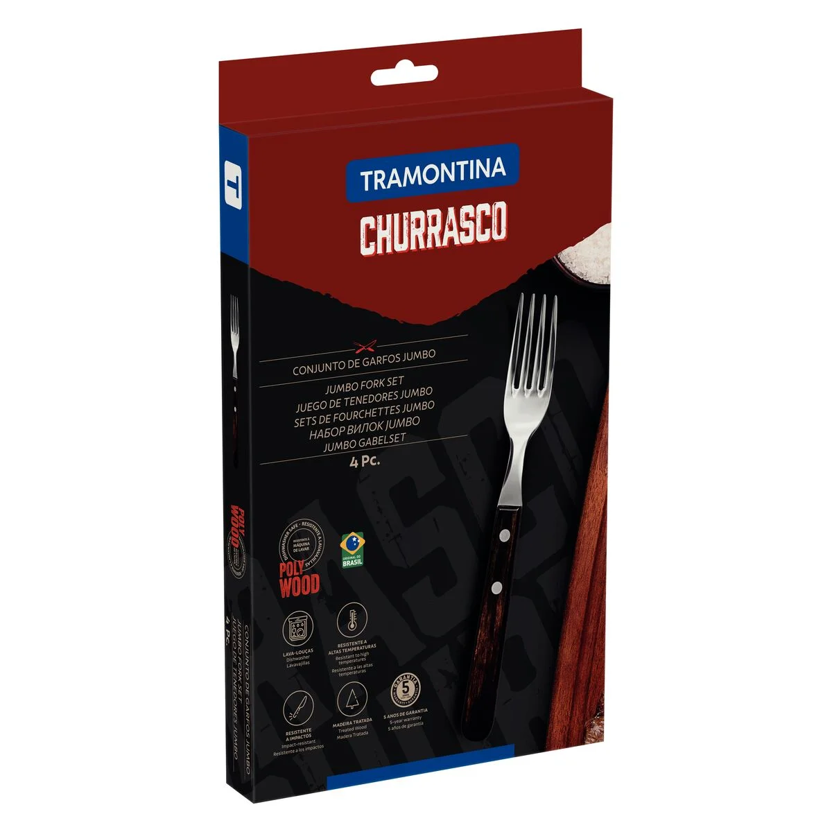 Conjunto de Garfos Jumbo para Churrasco Tramontina em Aço Inox com Cabo Castanho Polywood 4 Peças