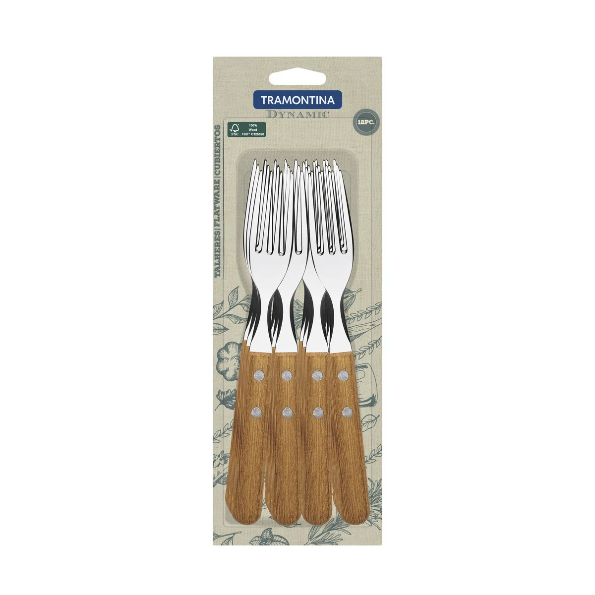 Conjunto de Garfos de Mesa Tramontina Dynamic com Lâminas em Aço Inox e Cabos de Madeira Natural 12 Peças