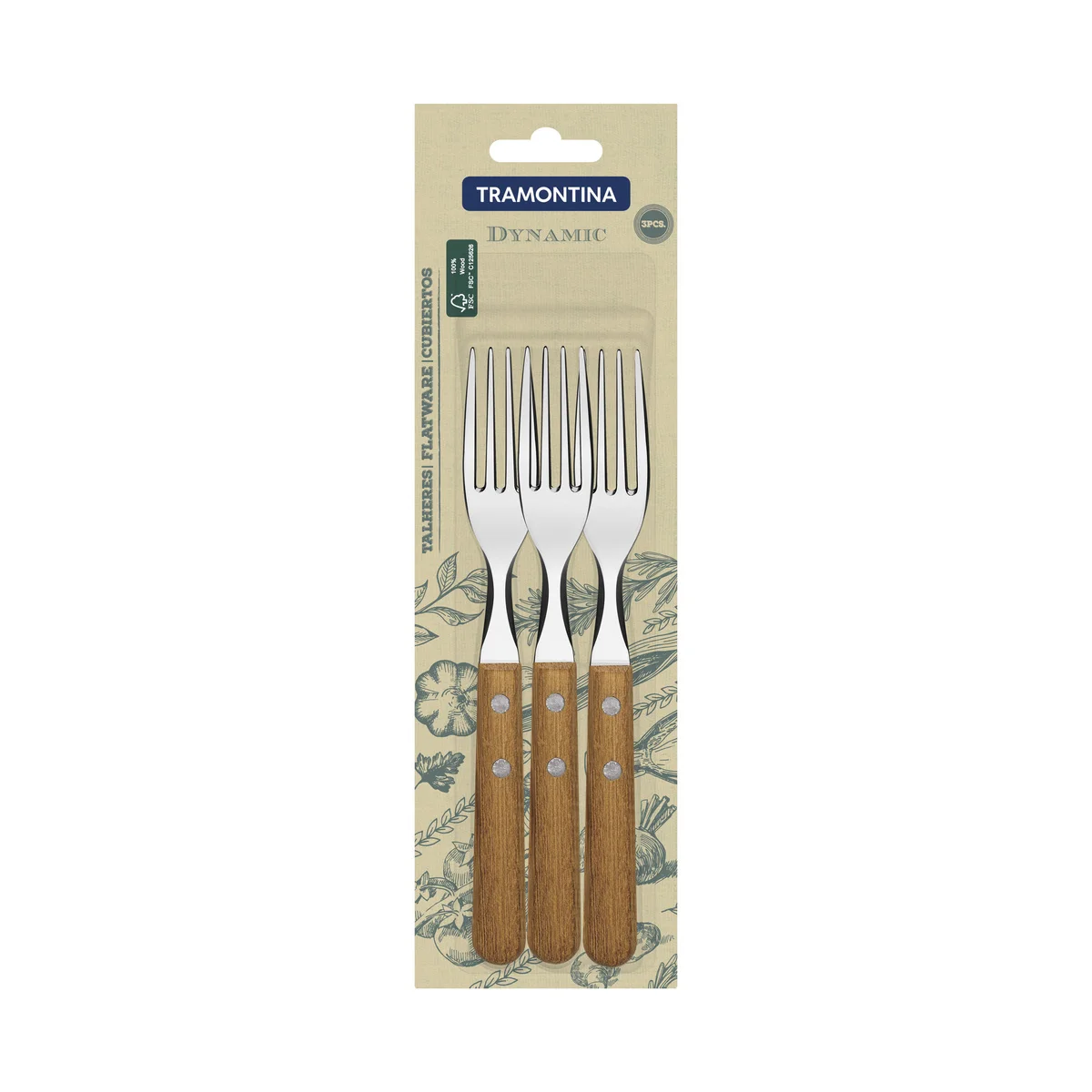 Conjunto de Garfos de Mesa Tramontina Dynamic com Lâminas em Aço Inox e Cabos de Madeira Natural 3 Peças