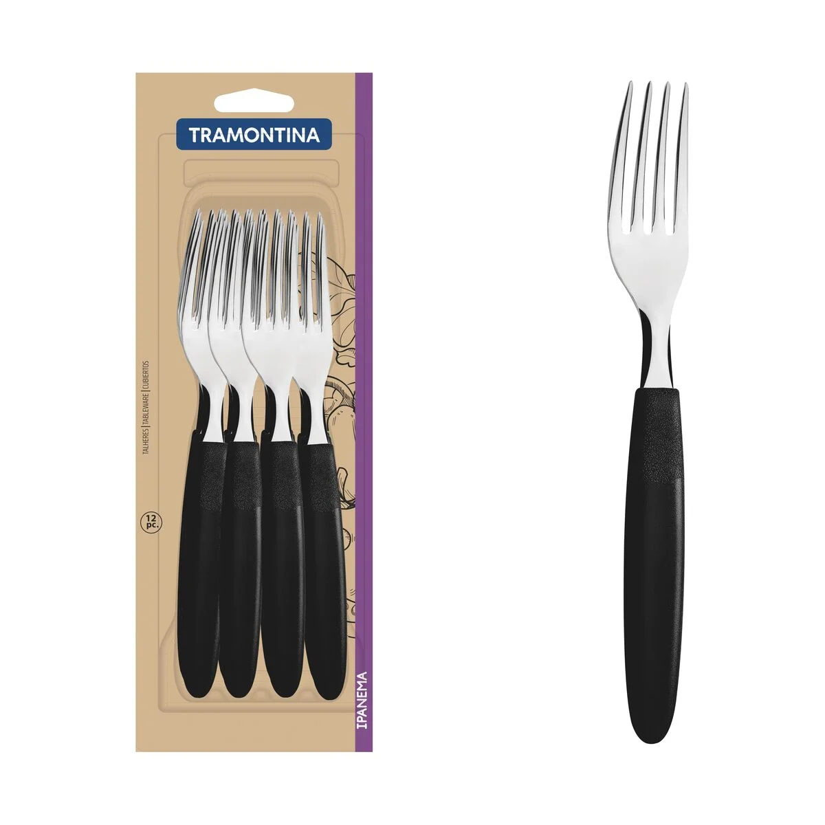 Conjunto de Garfos de Mesa Tramontina Ipanema com Lâminas em Aço Inox e Cabos de Polipropileno Preto 12 Peças