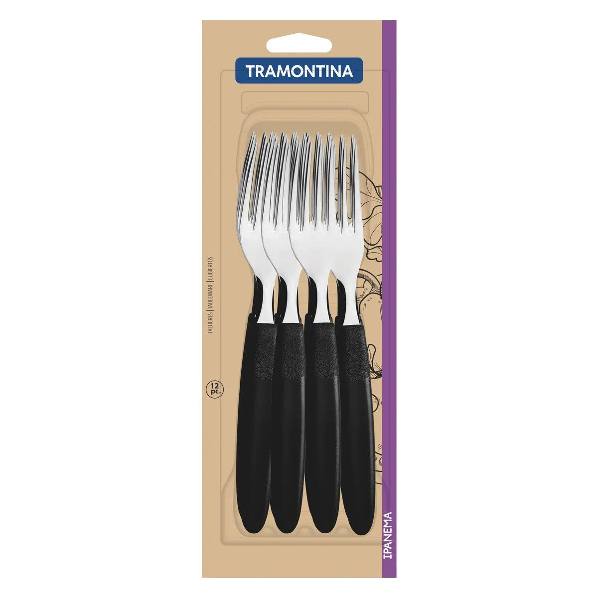 Conjunto de Garfos de Mesa Tramontina Ipanema com Lâminas em Aço Inox e Cabos de Polipropileno Preto 12 Peças