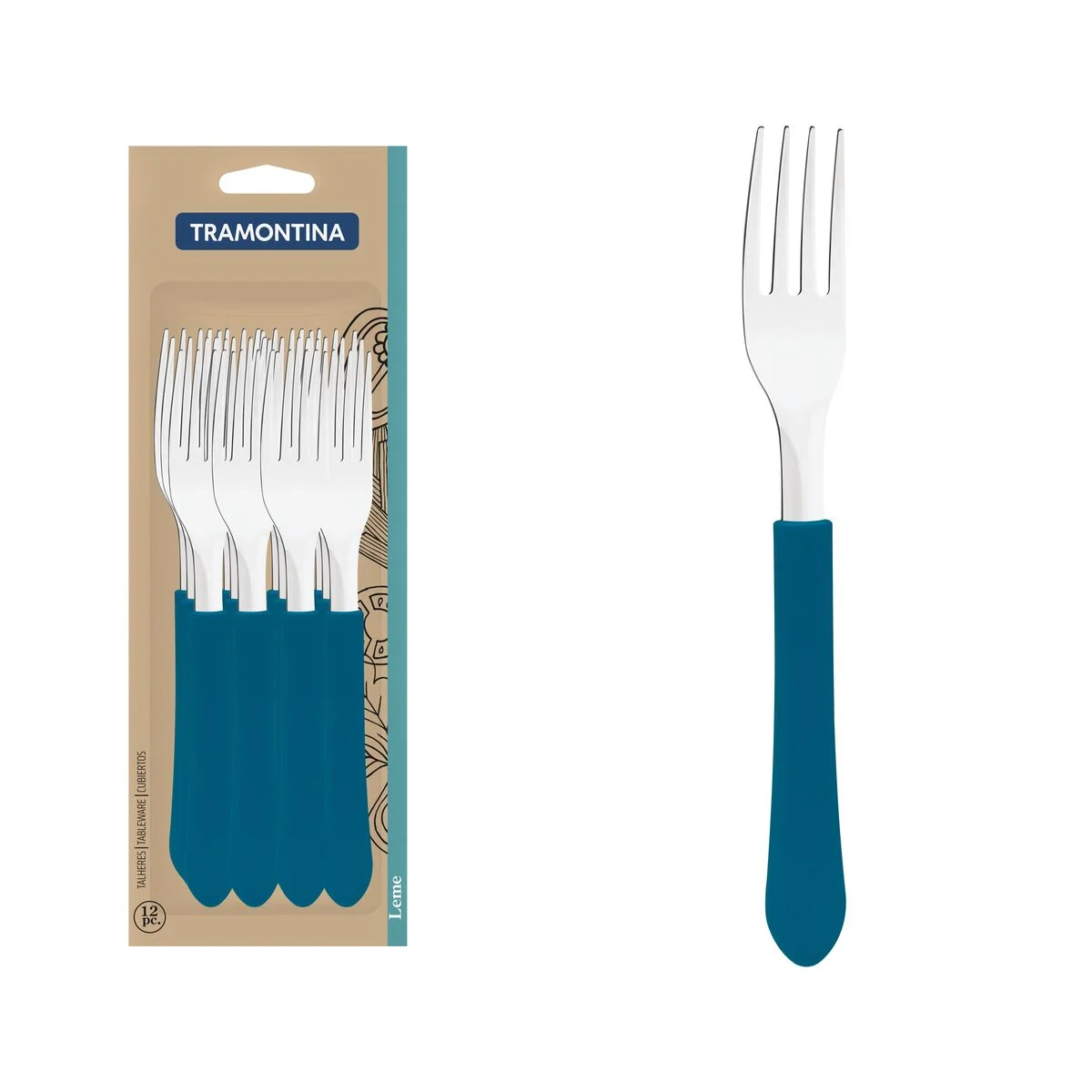 Conjunto de Garfos de Mesa Tramontina Leme com Lâminas em Aço Inox e Cabos de Polipropileno Azul Oceano 12 Peças