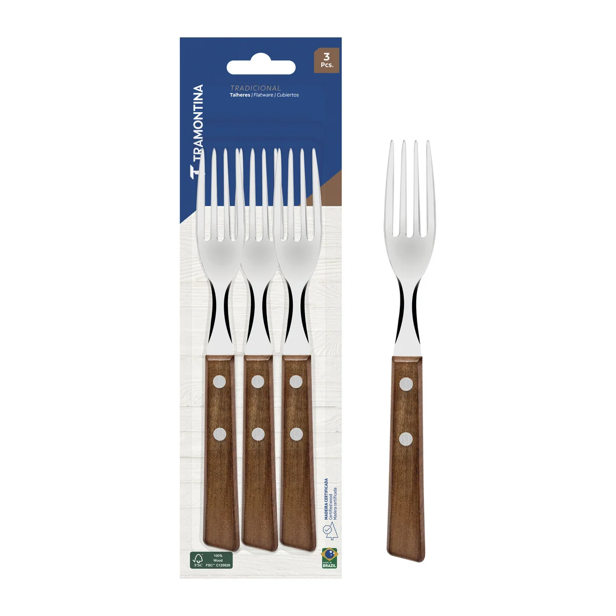 Conjunto de Garfos de Mesa Tramontina Tradicional com Lâminas em Aço Inox e Cabos de Madeira Natural 03 Peças