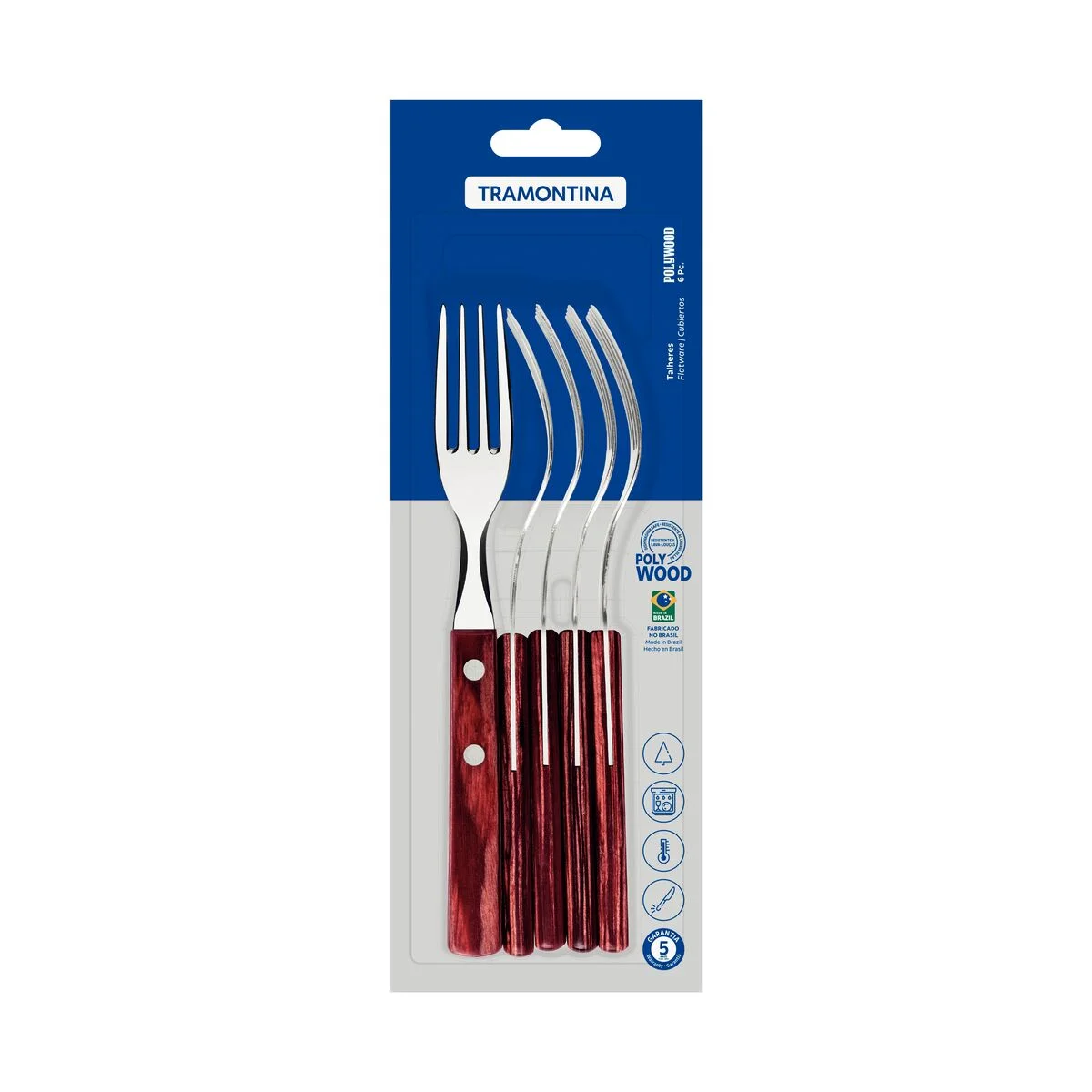 Conjunto de Garfos de Mesa Tramontina com Lâminas em Aço Inox e Cabos em Madeira Tratada Polywood Vermelho 6 Peças