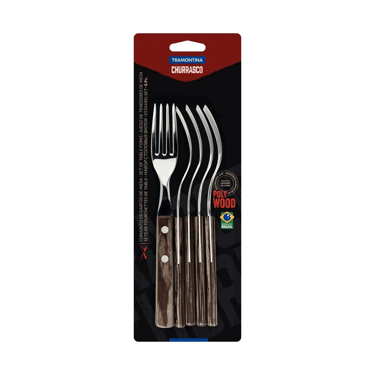 Conjunto de Garfos para Churrasco Tramontina com Lâminas em Aço Inox e Cabos de Madeira Tratada Polywood Castanho 6 Peças