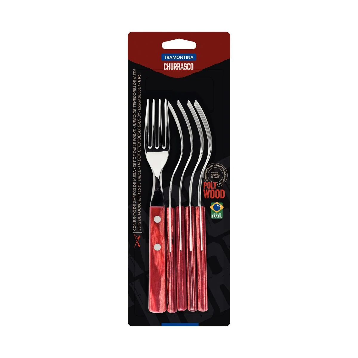 Conjunto de Garfos para Churrasco Tramontina com Lâminas em Aço Inox e Cabos de Madeira Tratada Polywood Vermelho 6 Peças