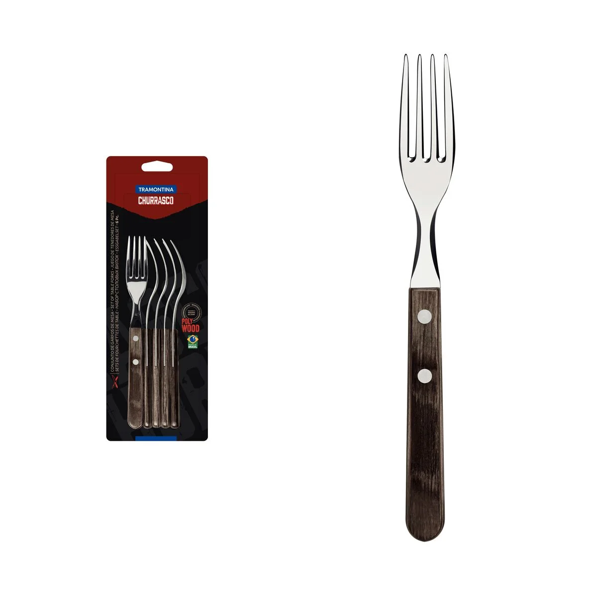 Conjunto de Garfos para Churrasco Tramontina em Aço Inox com Cabo Castanho Polywood 6 Peças