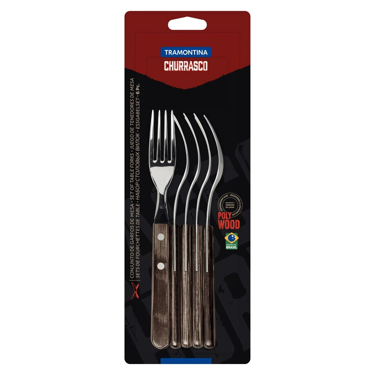 Conjunto de Garfos para Churrasco Tramontina em Aço Inox com Cabo Castanho Polywood 6 Peças