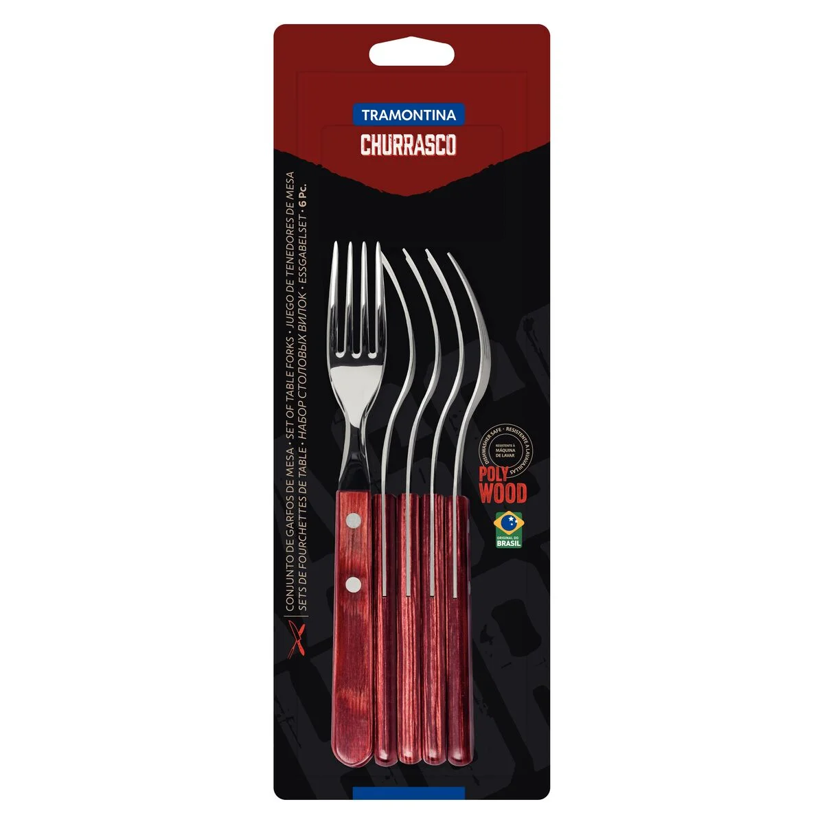 Conjunto de Garfos para Churrasco Tramontina em Aço Inox com Cabo Vermelho Polywood 6 Peças
