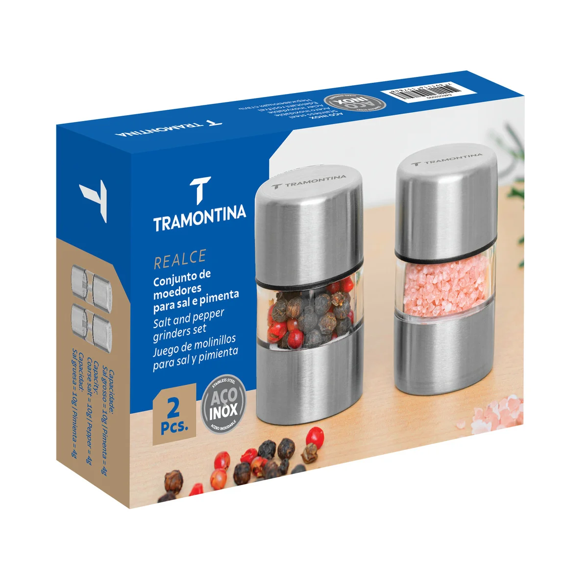 Conjunto de Moedores para Sal e Pimenta Tramontina Realce em Aço Inox e Acrílico com Moinho em Cerâmica 2 Peças