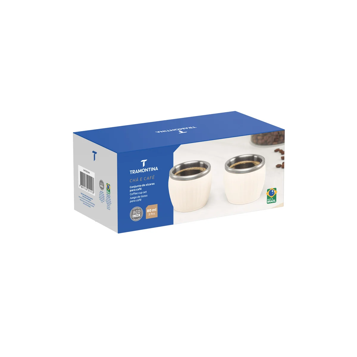 Conjunto de Xícaras para Café Tramontina Empilháveis em Aço Inox com Revestimento em ABS Branco sem Alça 2 Peças 80 ml