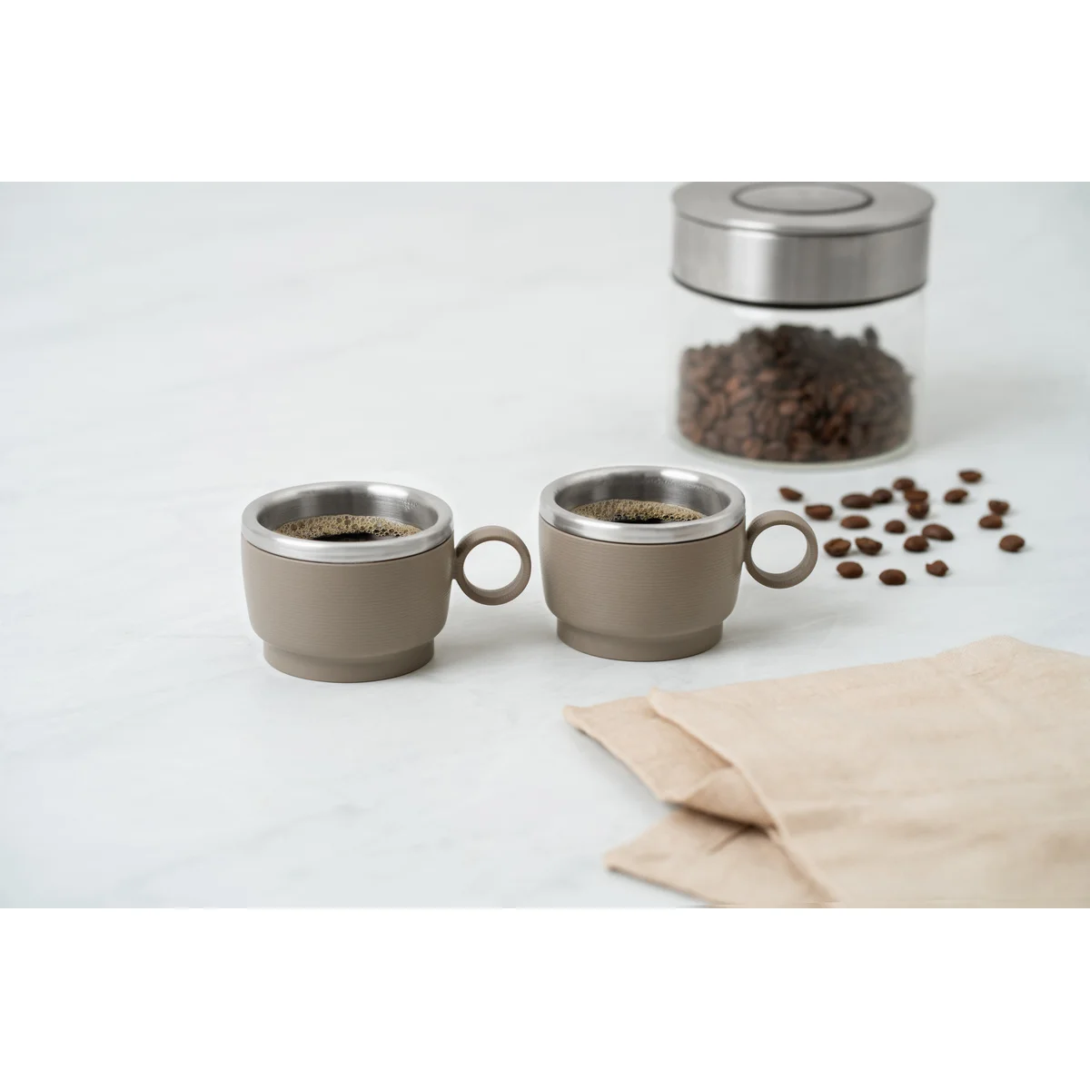 Conjunto de Xícaras para Café Tramontina Empilháveis em Aço Inox com Revestimento em ABS Cinza e Alça Redonda 2 Peças 80 ml