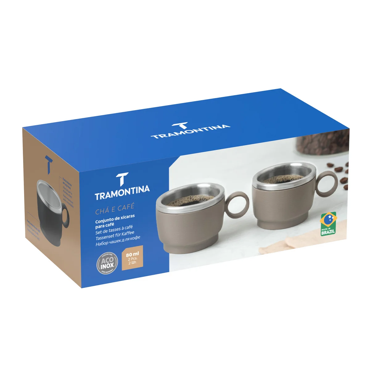 Conjunto de Xícaras para Café Tramontina Empilháveis em Aço Inox com Revestimento em ABS Cinza e Alça Redonda 2 Peças 80 ml