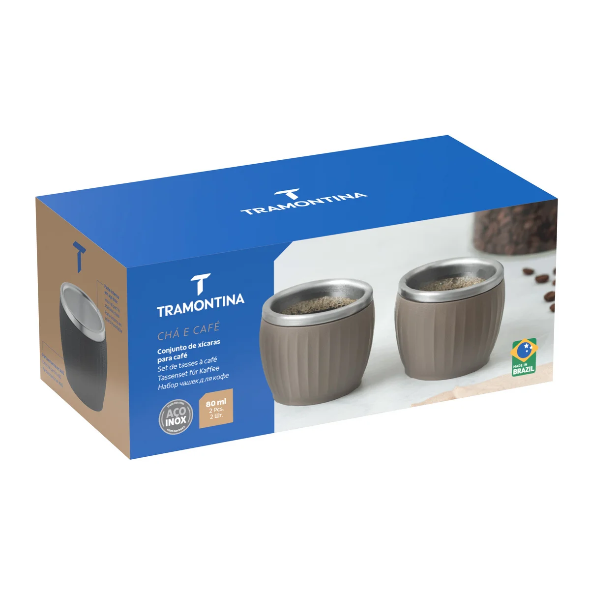 Conjunto de Xícaras para Café Tramontina Empilháveis em Aço Inox com Revestimento em ABS Cinza sem Alça 2 Peças 80 ml