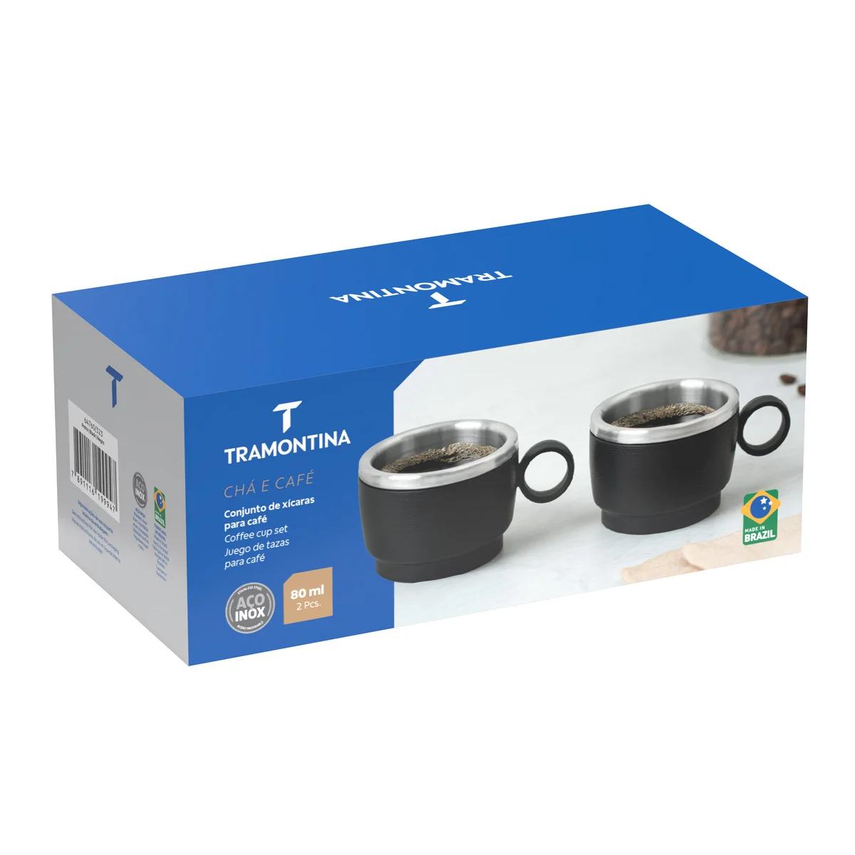 Conjunto de Xícaras para Café Tramontina Empilháveis em Aço Inox com Revestimento em ABS Preto e Alça Redonda 2 Peças 80 ml