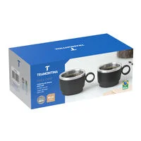 Conjunto de Xícaras para Café Tramontina Empilháveis em Aço Inox com Revestimento em ABS Preto e Alça Redonda 2 Peças 80 ml