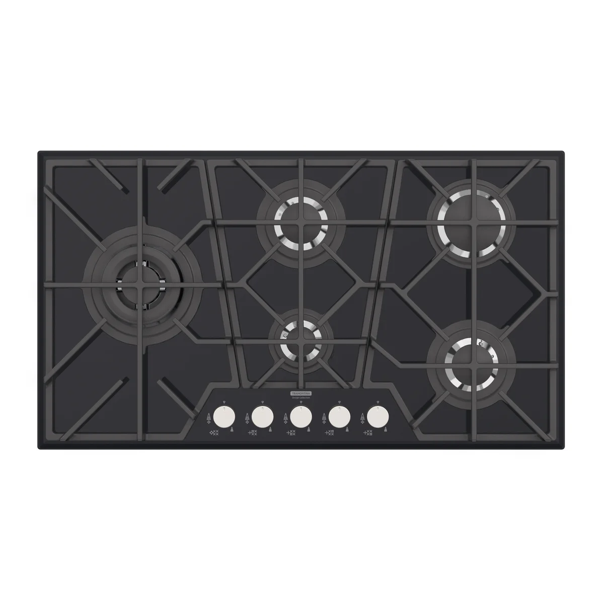 Cooktop a Gás Tramontina Design Collection Penta Glass Full 5 GG B 90 em Vidro Temperado e Trempes em Ferro Fundido