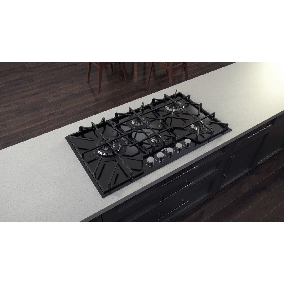 Cooktop a Gás Tramontina Design Collection Penta Glass Full 5 GG B 90 em Vidro Temperado e Trempes em Ferro Fundido