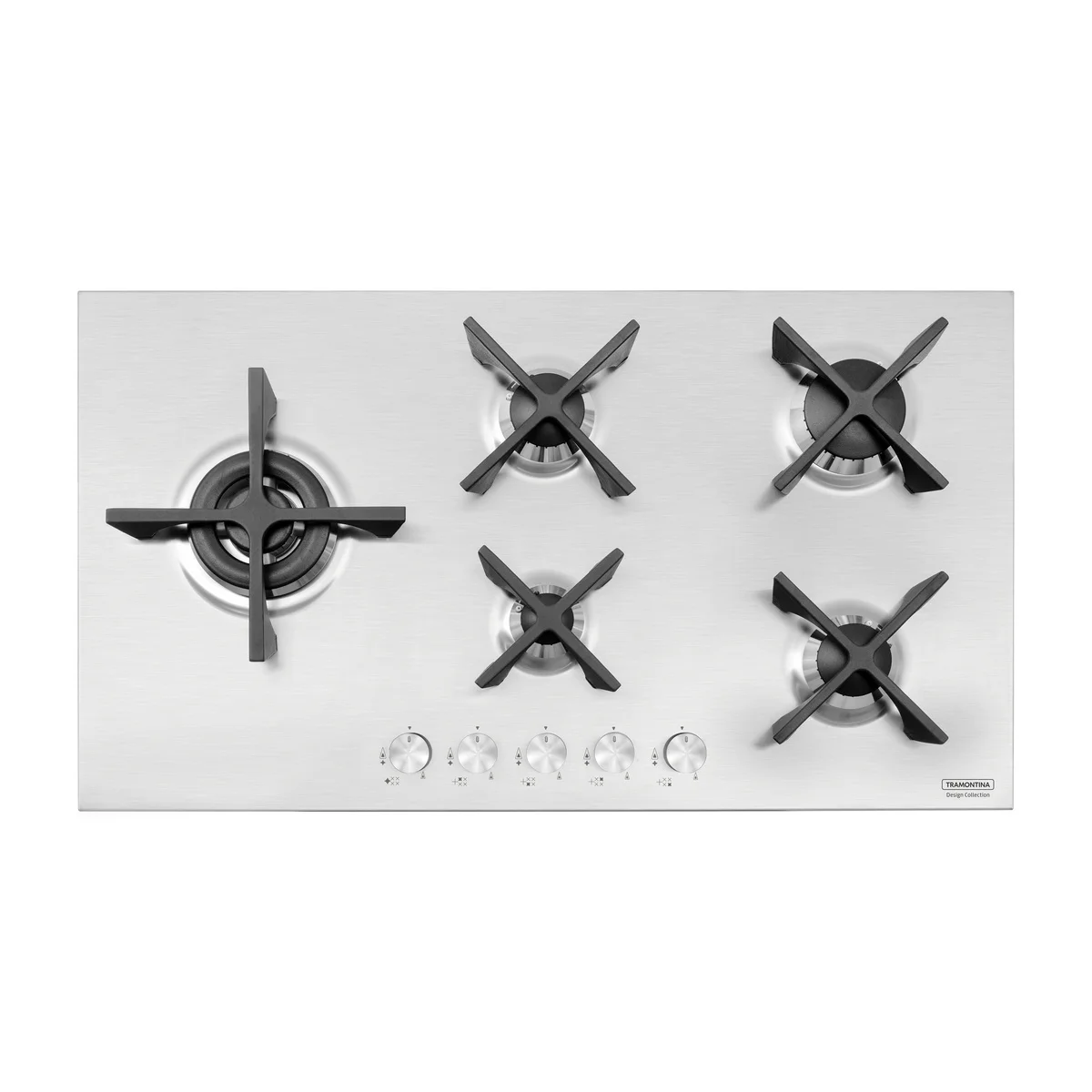 Cooktop a Gás Tramontina Design Collection Penta Inox Flat 5 GX 90 em Aço Inox e Trempes em Ferro Fundido com Acendimento Automático e 5 Queimadores