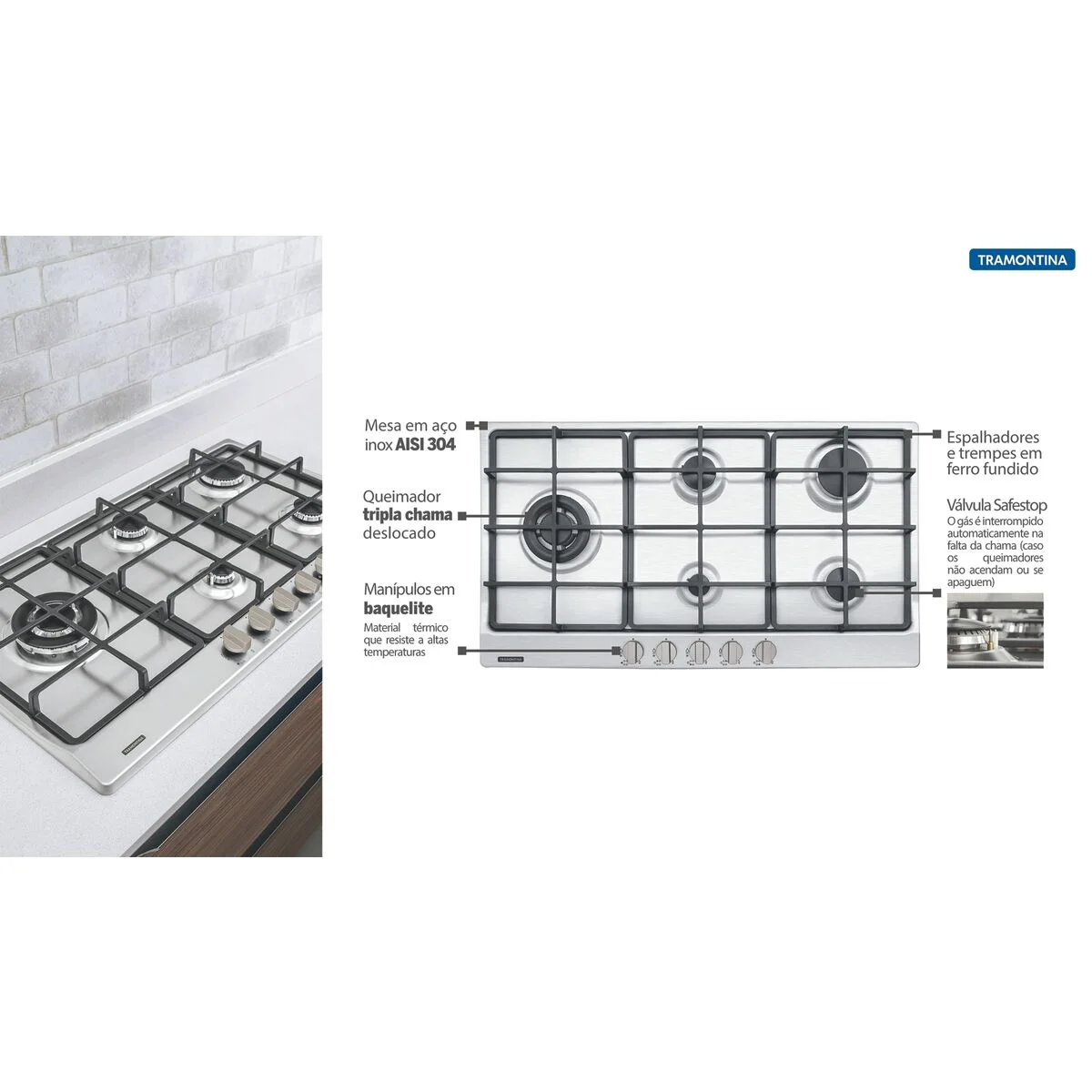 Cooktop a Gás Tramontina Penta Plus em Aço Inox e Trempes em Ferro Fundido com Acendimento Superautomático 5 Queimadores