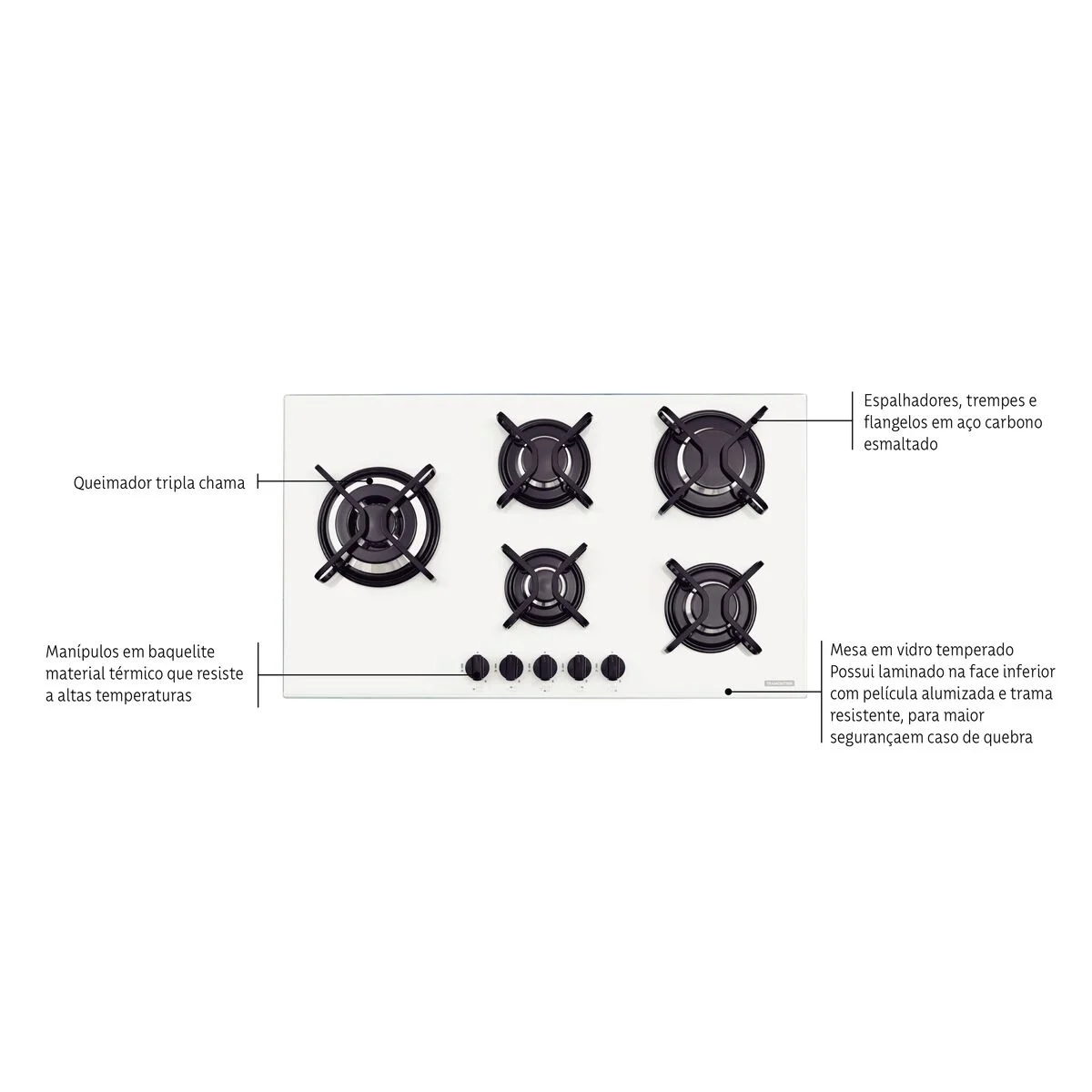 Cooktop a Gás Tramontina Penta Side Plus em Vidro Temperado Branco com Trempes em Aço Carbono e Acendimento superautomático e 5 Queimadores