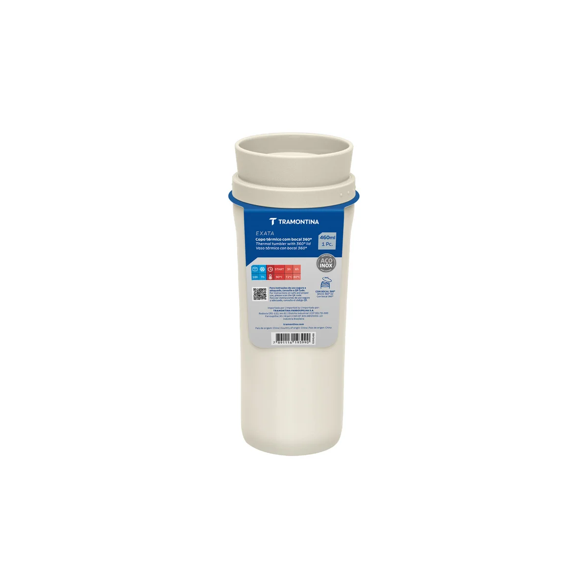 Copo Térmico Tramontina 460 ml Bege em Aço Inox com Bocal 360°