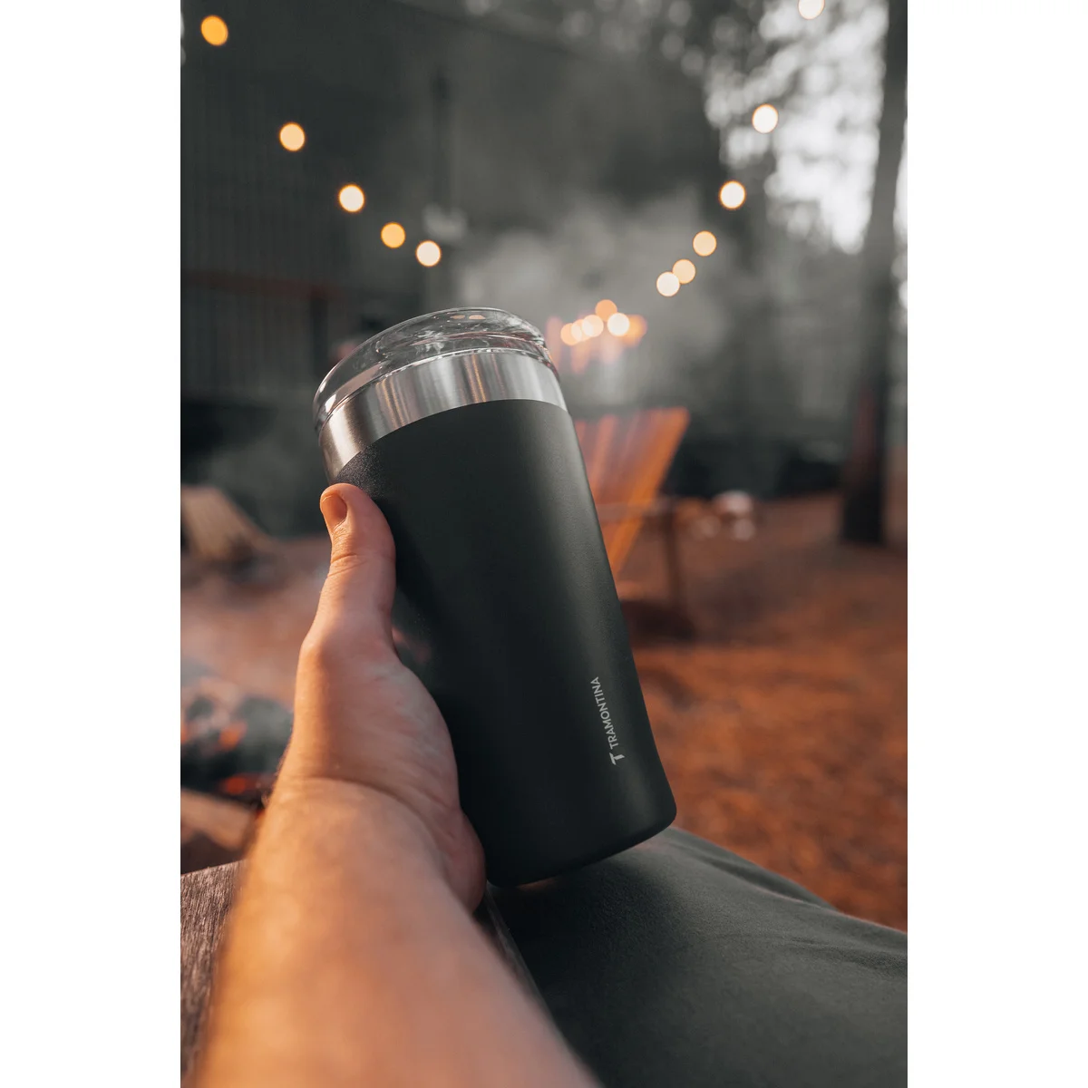 Copo Térmico Tramontina Exata em Aço Inox Preto com Tampa 550 ml