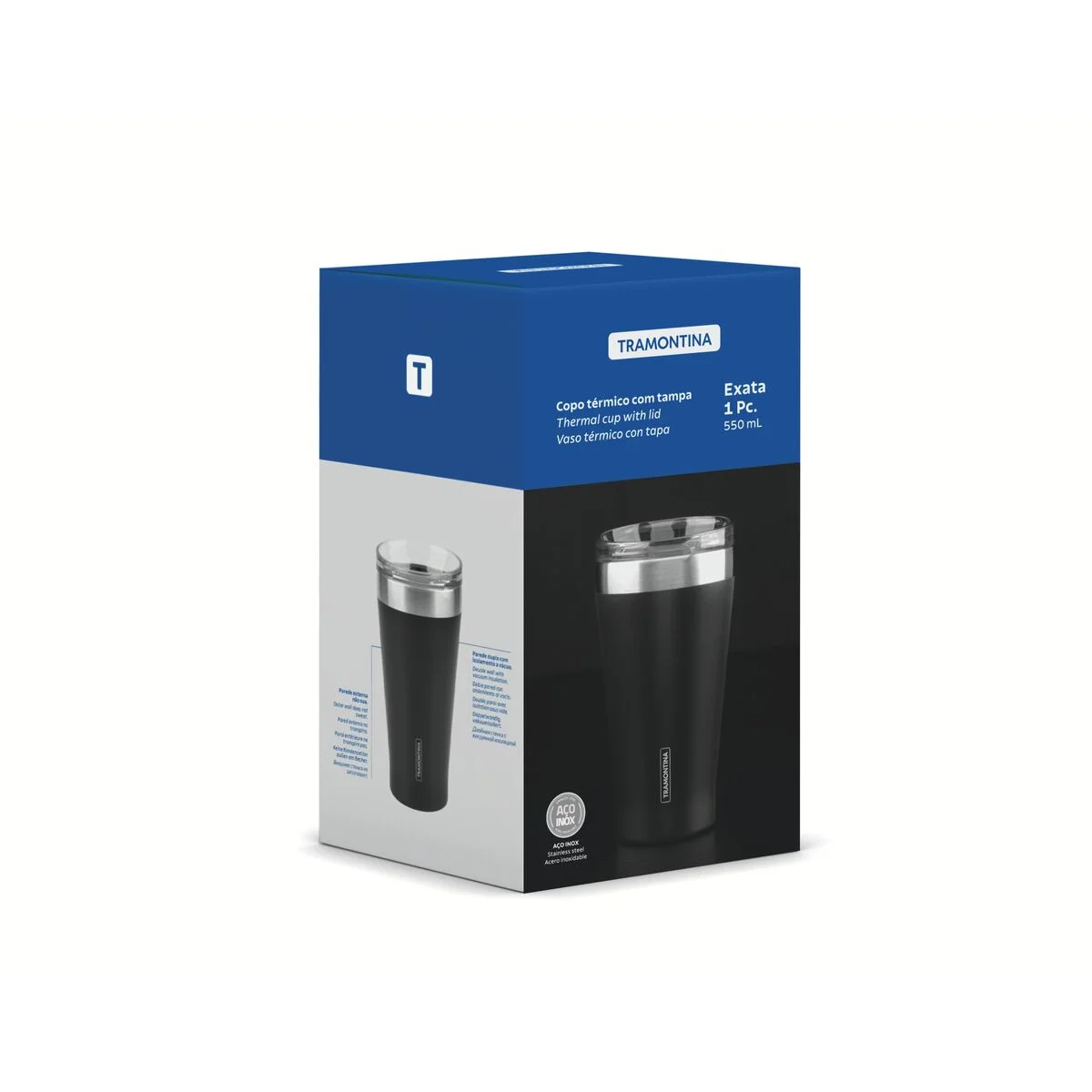 Copo Térmico Tramontina Exata em Aço Inox Preto com Tampa 550 ml