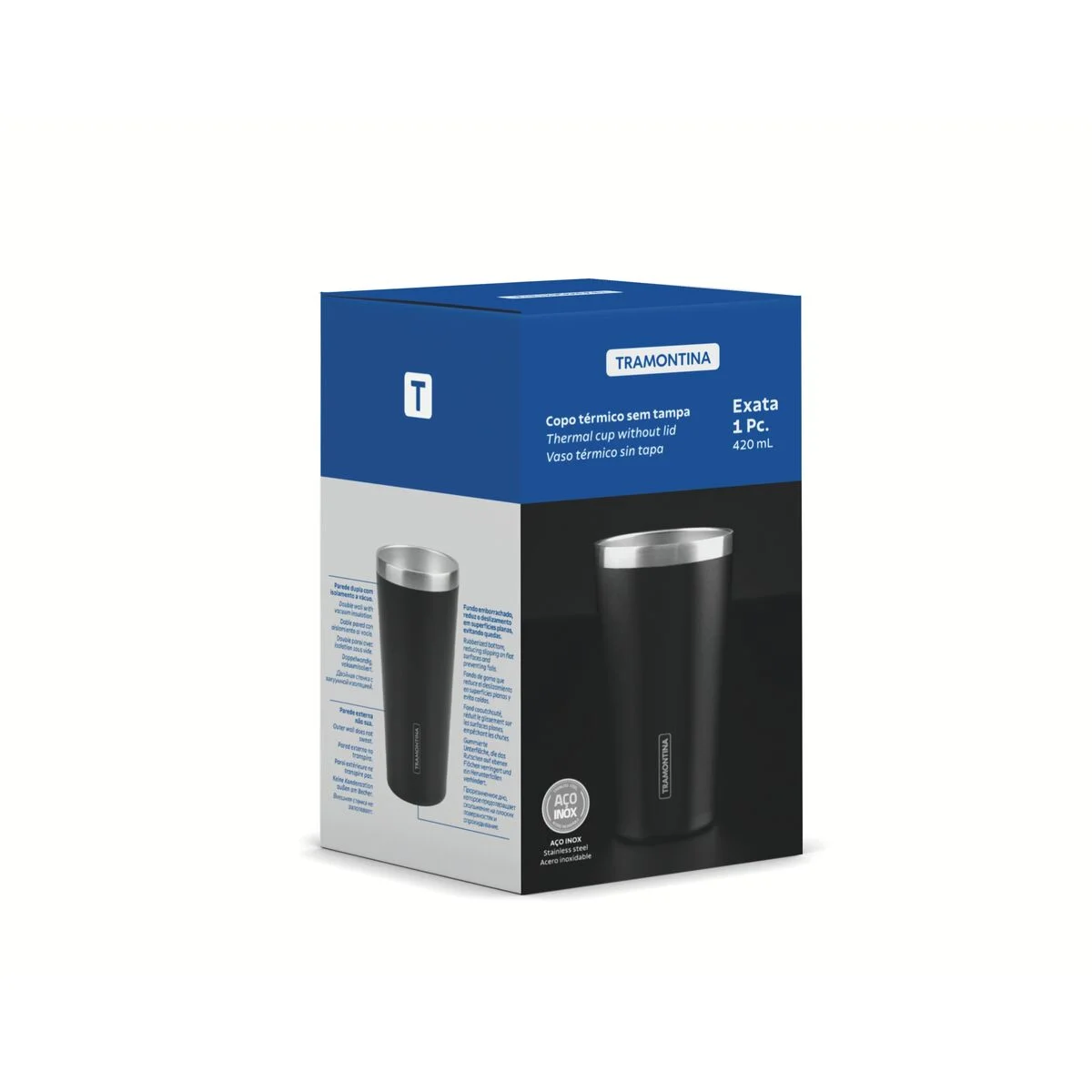 Copo Térmico Tramontina Exata em Aço Inox Preto sem Tampa 420 ml