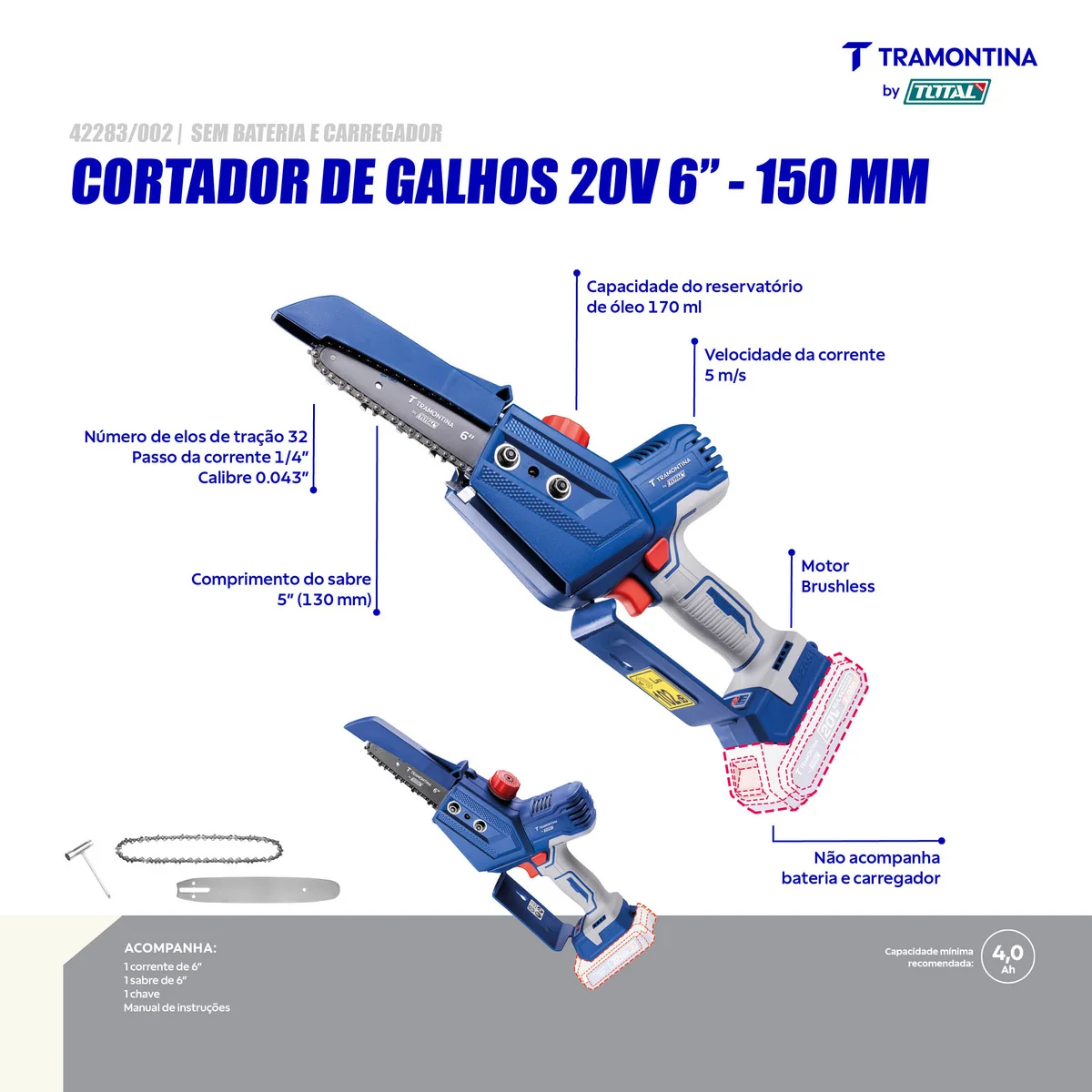 Cortador de Galhos 20V 6" (150 mm) Tramontina by Total - Sem Bateria e Carregador