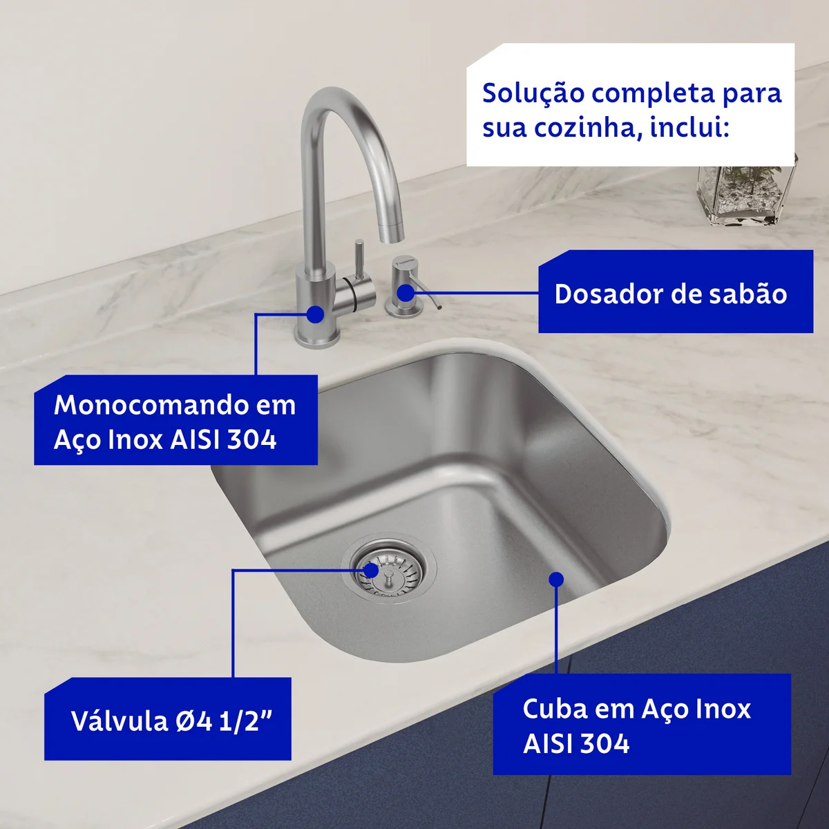 Cuba Tramontina Aria Maxi 40 BS em Aço Inox Escovado Com Monocomando e Dosador