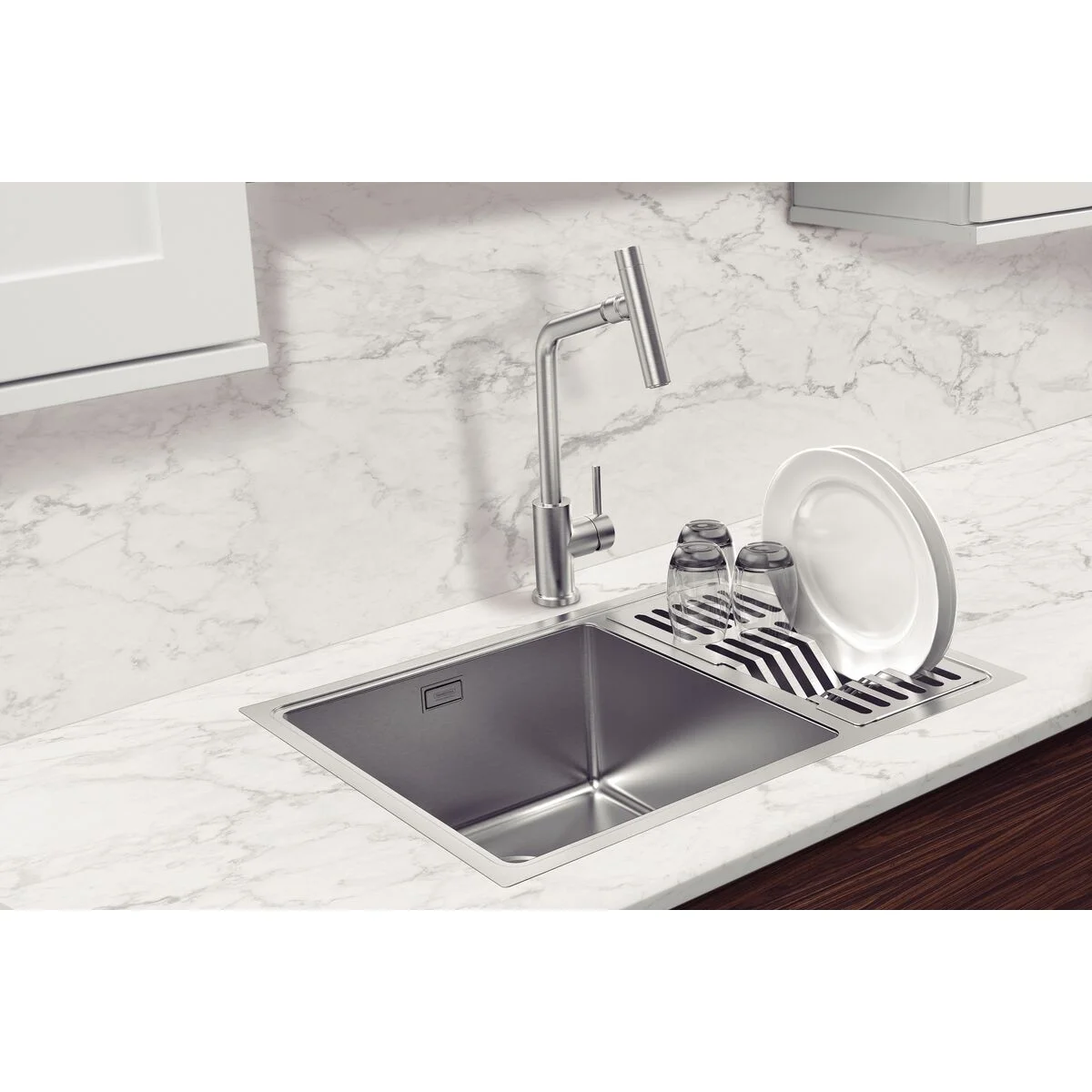 Cuba Tramontina Design Collection Quadrum em Aço Inox com Acabamento Acetinado 66x46 com 2 Cubas e escorredor de pratos e copos