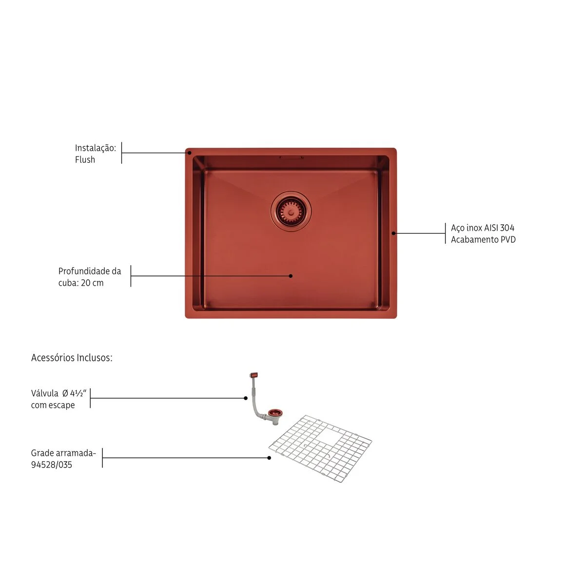 Cuba Tramontina Design Collection Quadrum em Aço Inox com Revestimento PVD Rose 50x40 cm