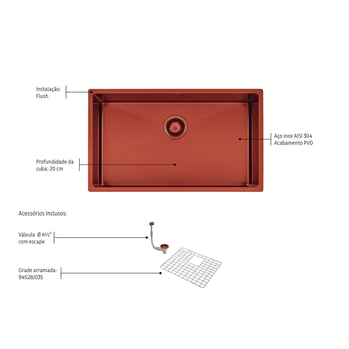 Cuba Tramontina Design Collection Quadrum em Aço Inox com Revestimento PVD Rose 70x40 cm