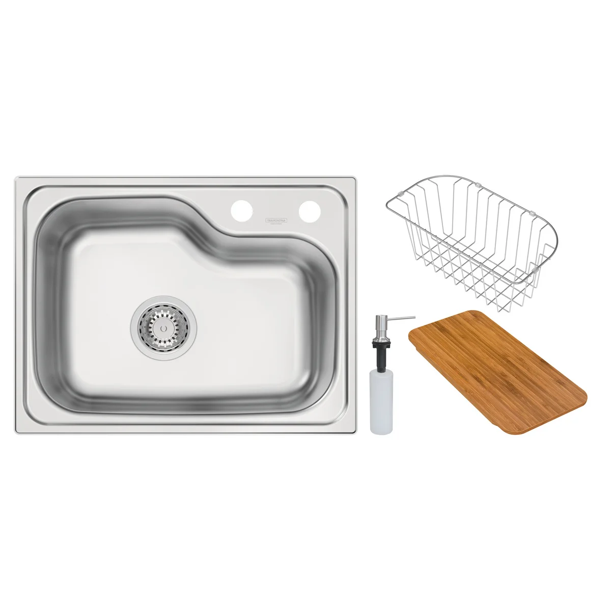 Cuba Tramontina Morgana Compact 48 FX Undermount em Aço Inox com Acabamento Escovado com Dosador de Sabão, Tábua e Cesto Aramado