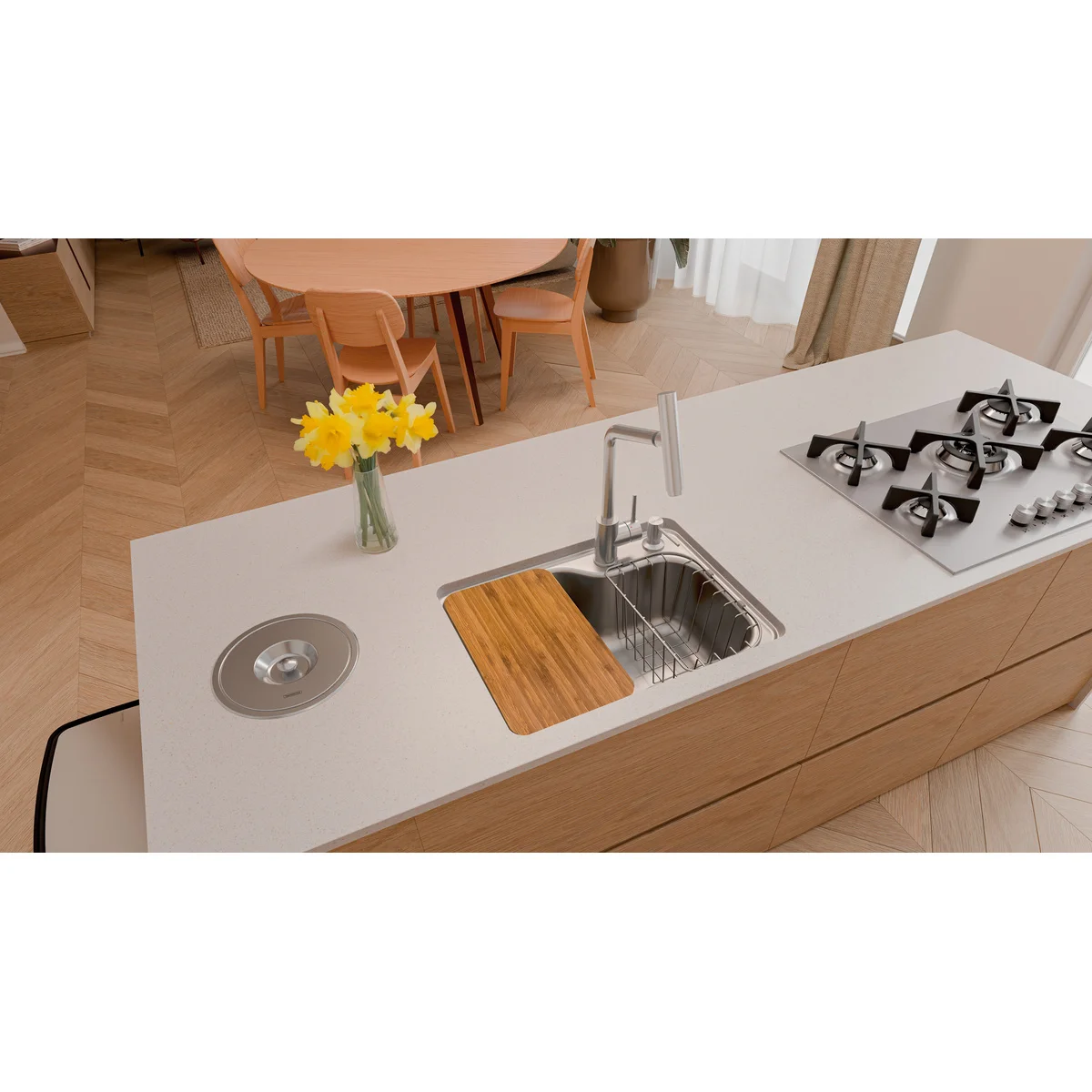 Cuba Tramontina Morgana Compact 48 FX Undermount em Aço Inox com Acabamento Escovado com Dosador de Sabão, Tábua e Cesto Aramado