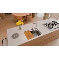 Cuba Tramontina Morgana Compact 48 FX Undermount em Aço Inox com Acabamento Escovado com Dosador de Sabão, Tábua e Cesto Aramado