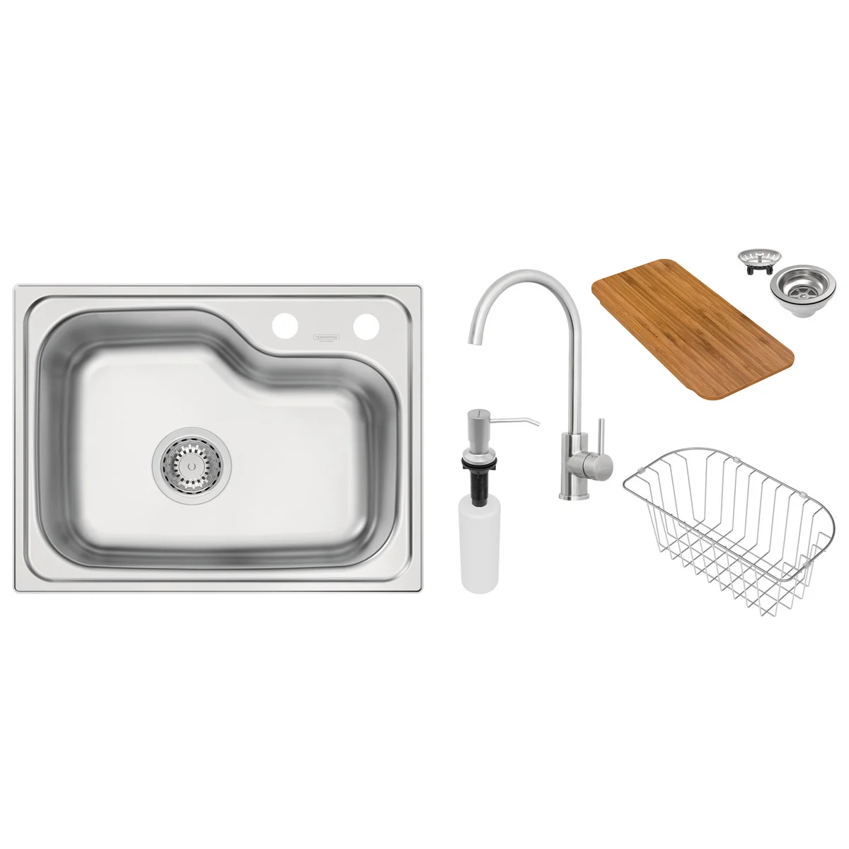 Cuba Tramontina Morgana Compact 48 FX Undermount em Aço Inox com Acabamento Escovado com Monocomando, Dosador de Sabão, Tábua e Cesto Aramado