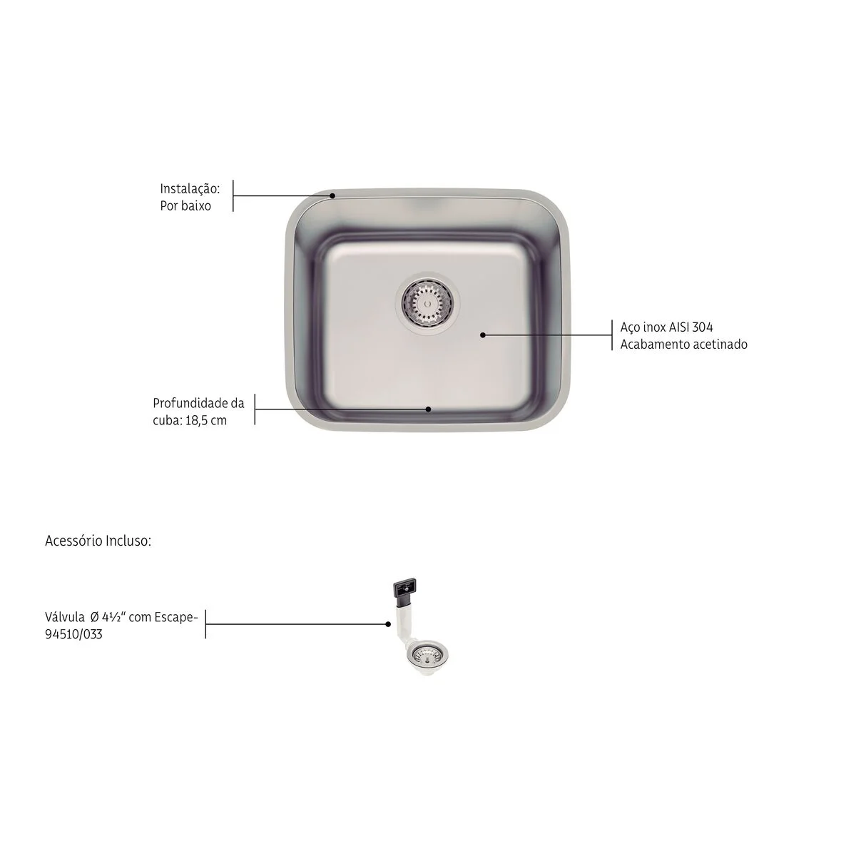 Cuba de Embutir Tramontina Dora 40 BL R6 em Aço Inox Escovado com Válvula e escape 40x34 cm