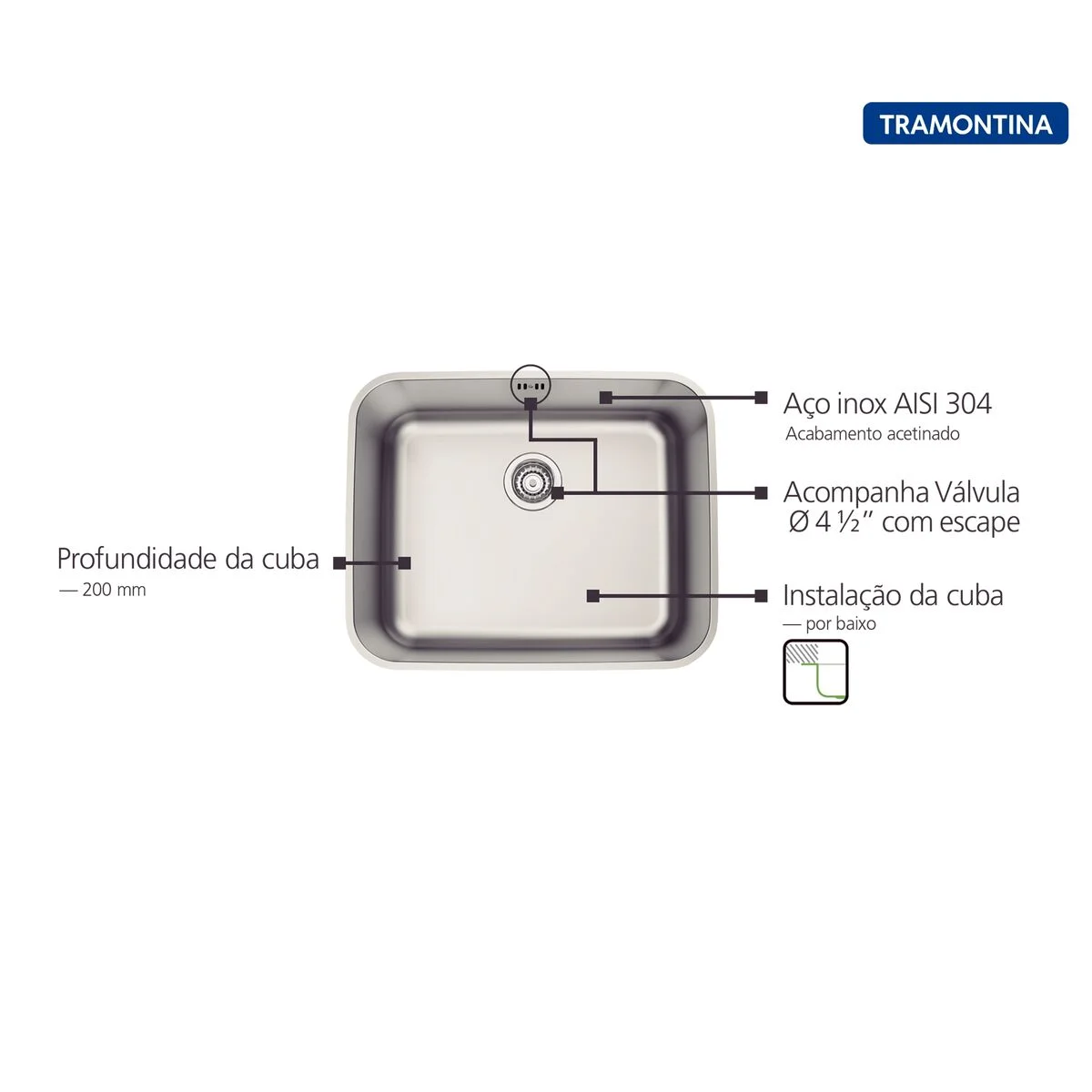 Cuba de Embutir Tramontina Dora 50 BL R6 em Aço Inox Escovado com Válvula e escape 50x40 cm