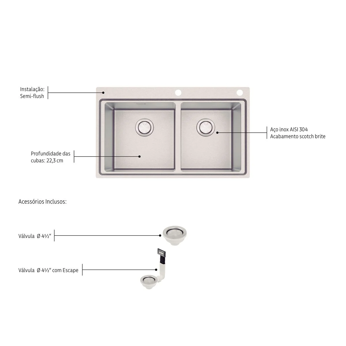 Cuba de Sobrepor Tramontina Design Collection Smooth 2C 40 em Aço Inox com Acabamento Acetinado 86x52 cm com 2 Cubas