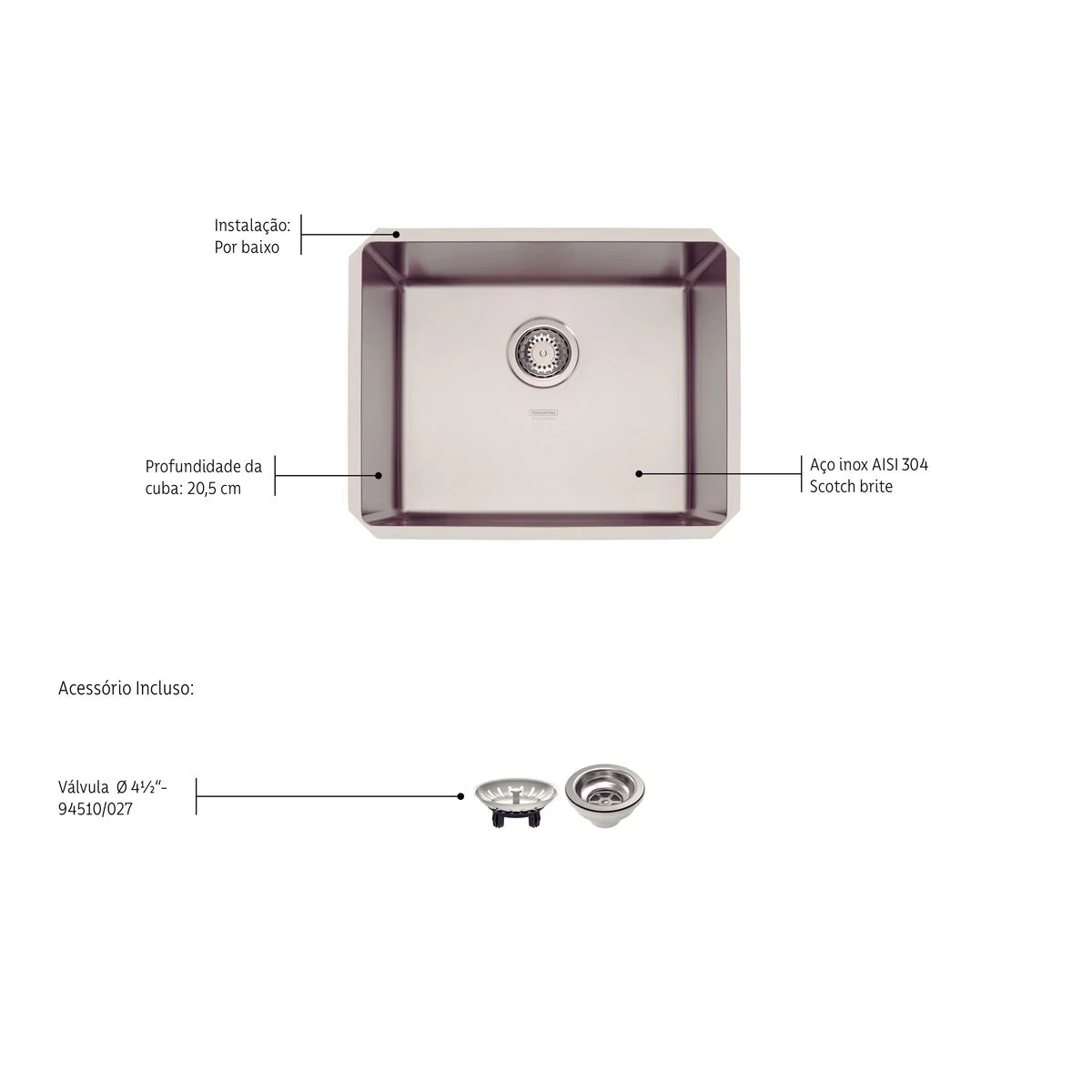 Cuba de embutir Tramontina Design Collection Quadrum Undermount em Aço Inox com Acabamento Acetinado 50 U 50X40 cm