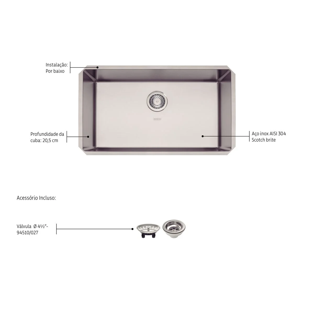 Cuba de embutir Tramontina Design Collection Quadrum Undermount em Aço Inox com Acabamento Acetinado 70 U 70x40 cm