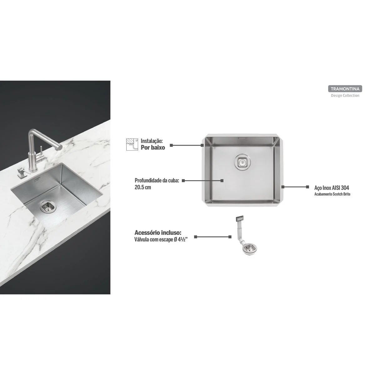 Cuba de embutir Tramontina Design Collection Quadrum Undermount em Aço Inox com Acabamento Acetinado 45 U 49x44cm