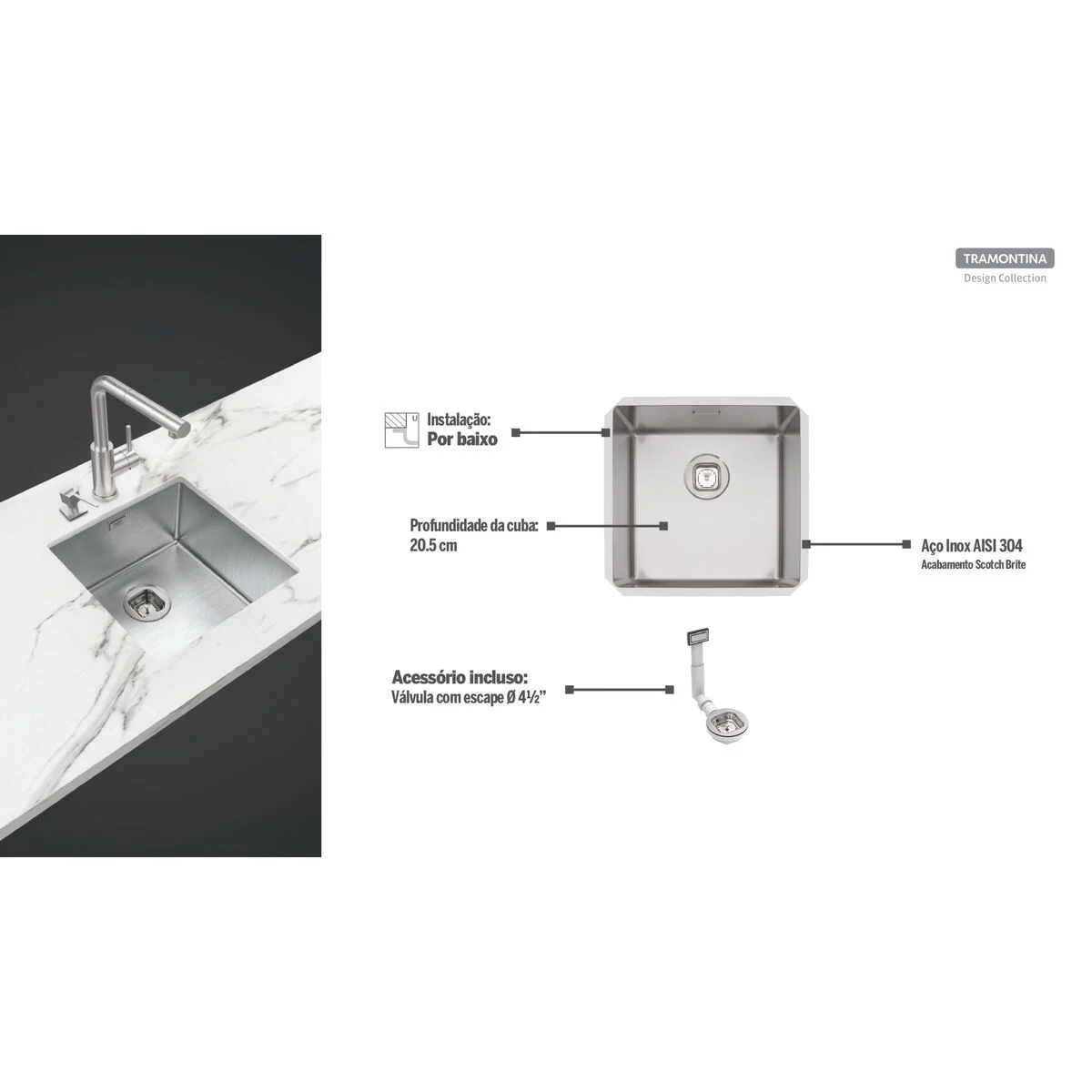 Cuba de embutir Tramontina Design Collection Quadrum Undermount em Aço Inox com Acabamento Acetinado 40 U 44x44cm