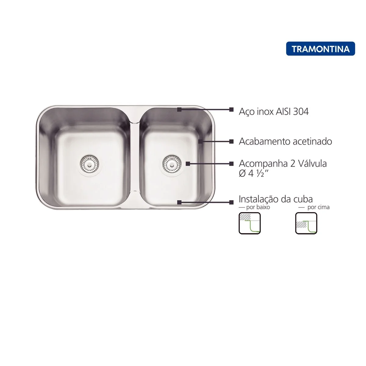 Cuba de embutir/sobrepor Tramontina Isis 2C 34-28 BS em Aço Inox escovado 69x40 com 2 Cubas