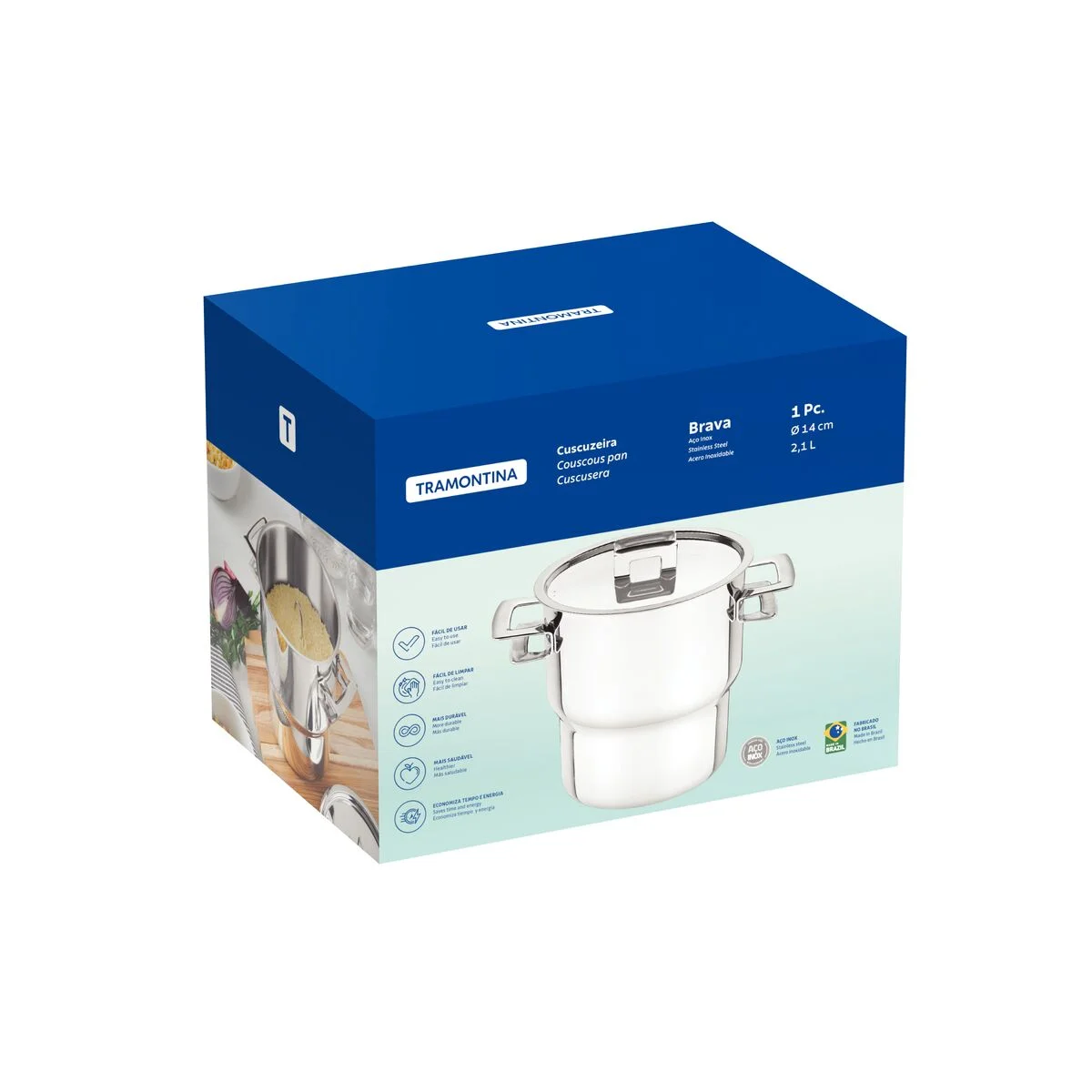 Cuscuzeira Tramontina Brava em Aço Inox com Alças e Tampa 14 cm 2,1 L