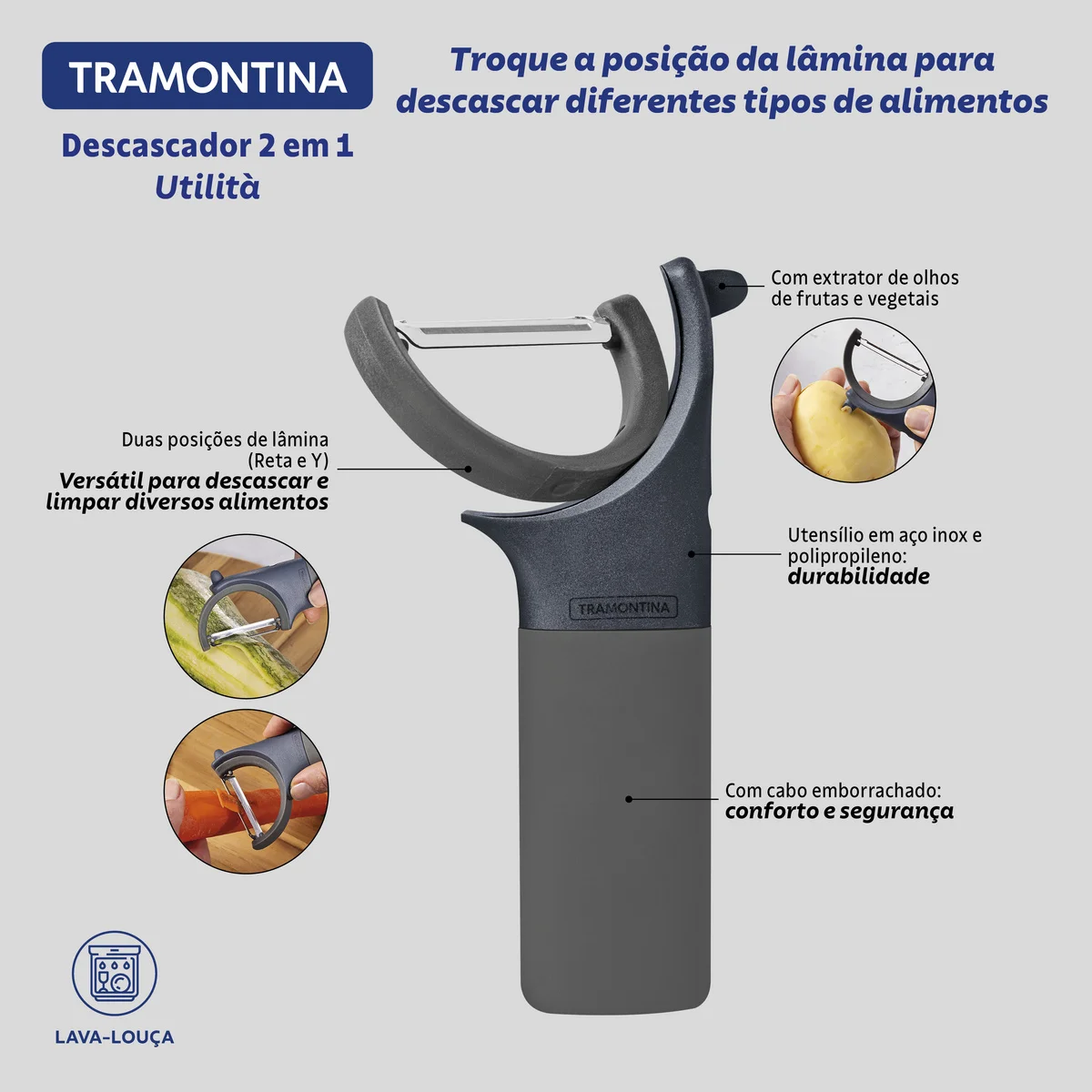 Descascador 2 em 1 Tramontina Lâmina em Aço Inox e Cabo em Polipropileno Cinza