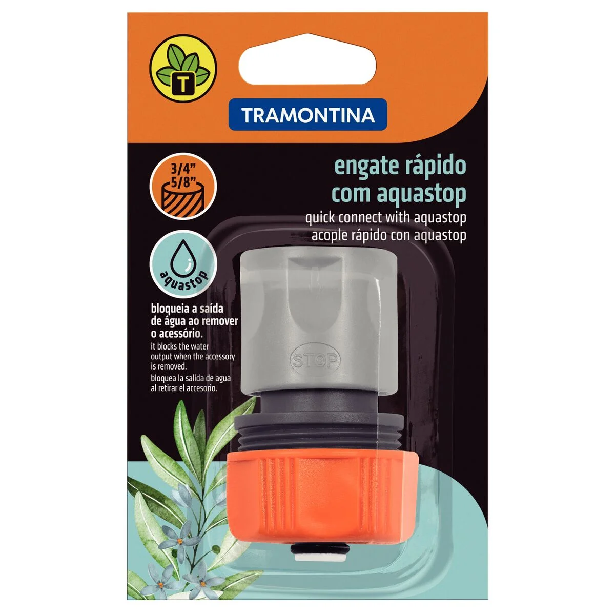 Engate Rápido com Aquastop Tramontina em Plástico para Mangueira 5/8" e 3/4"