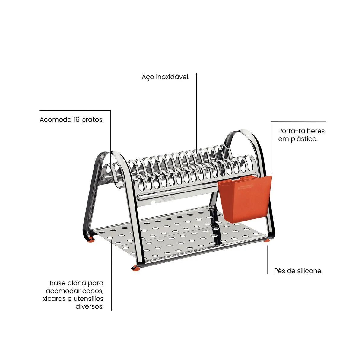 Escorredor de Louça Tramontina Plurale em Aço Inox com Porta Talheres Laranja